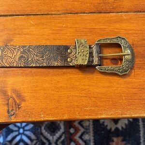 Vintage Floral Embossed Leather Belt with Brass Buckle